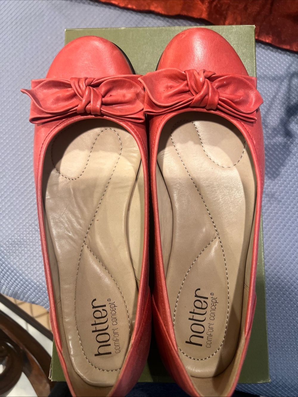 Hotter Jewel Comfort Concept Ballet Flats Red Leather Bow Shoes Womens Size 7